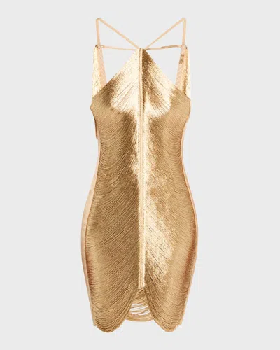 Cult Gaia Mara Draped Silk Fringe Mini Halter Dress In Gold
