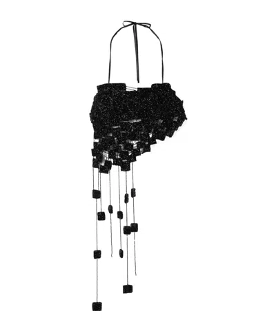 Cult Gaia Margaux Asymmetric Fringed Beaded Silk Halterneck Top In Black