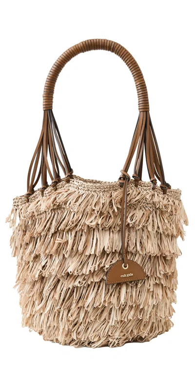 Cult Gaia Miladia Fringe Raffia Bucket Shoulder Bag In Brown