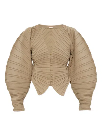 CULT GAIA PLEATED BALLOON-SLEEVE KNIT CARDIGAN