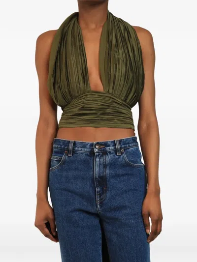 Pre-owned Cult Gaia Pleated Sleeveless Halter-neck Blouse In Green