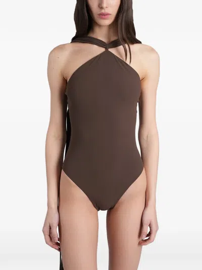 Cult Gaia Primrose Halterneck Draped Swimsuit In Brown