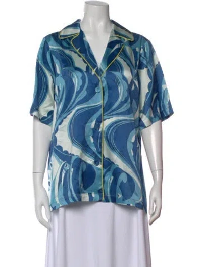 Pre-owned Cult Gaia Printed Short Sleeve Button-up Top In Blue