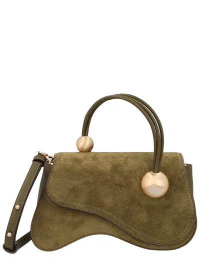 Cult Gaia Sculptural Brown Leather Shoulder Bag With Artistic Flap Design In Green