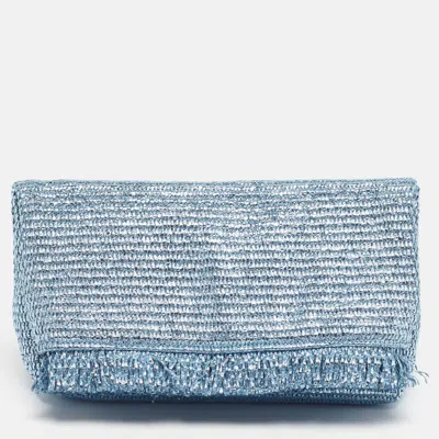 Pre-owned Cult Gaia Shanti Metallic Blue Woven Straw Clutch