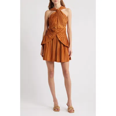 Cult Gaia Sofila Variegated Pleat Twist Neck Minidress In Bourbon