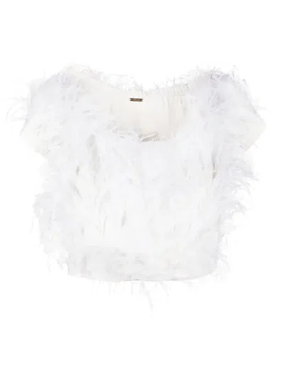 Cult Gaia Sosha Off-the-shoulder Feather-trimmed Crepe De Chine Top In White
