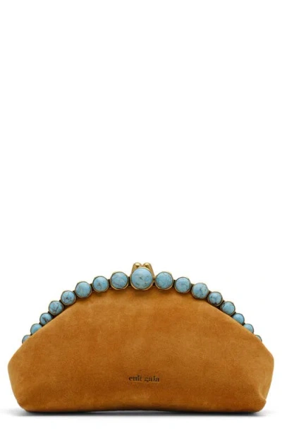 Cult Gaia Una Stone-embellished Suede Clutch Bag In Brown