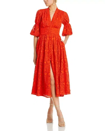 Pre-owned Cult Gaia Willow Embroidered Midi Dress Women's Xs Tangerine Button Closure In Orange