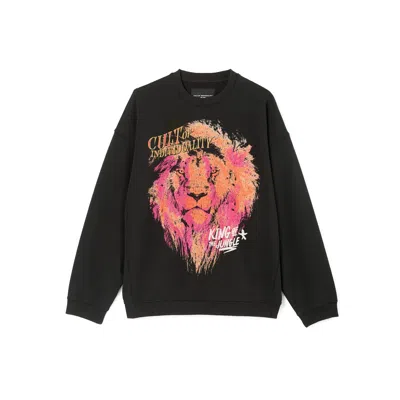 Cult Of Individuality Cult's Crew Neck Fleece Sweater "king Of The Jungle" In Pirate Black