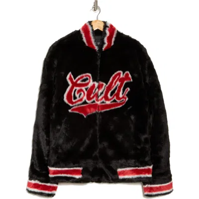 Cult Of Individuality Faux Fur Varsity Jacket In Black