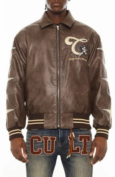 Cult Of Individuality Legends Embroidered Faux Leather Varsity Jacket In Brown
