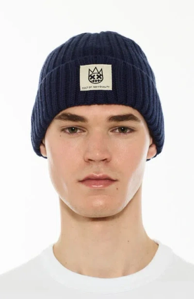 Cult Of Individuality Logo Label Wool Blend Knit Beanie In Blue