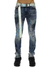CULT OF INDIVIDUALITY MEN'S BELTED DISTRESSED SUPER SKINNY JEANS