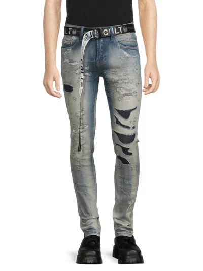 Cult Of Individuality Men's Belted Ripped Super Skinny Jeans In Blue