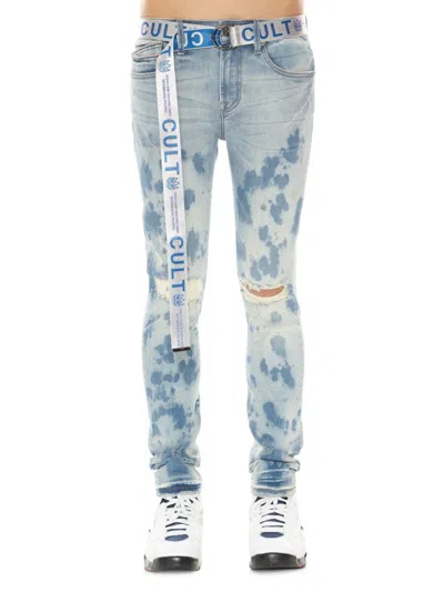 Cult Of Individuality Punk Belted Distressed Super Skinny Jeans In Blue