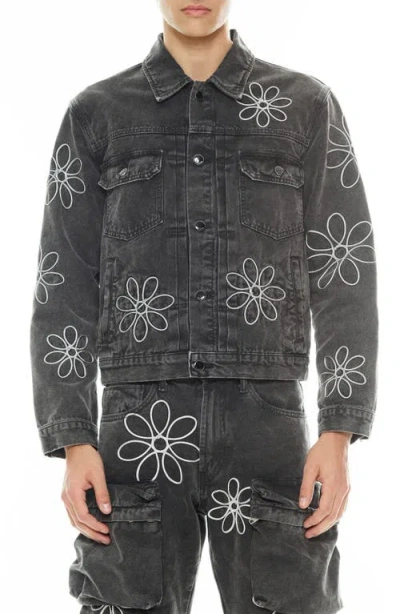 Cult Of Individuality Mk3 Floral Appliqué Cotton Canvas Jacket In Vintage Gray