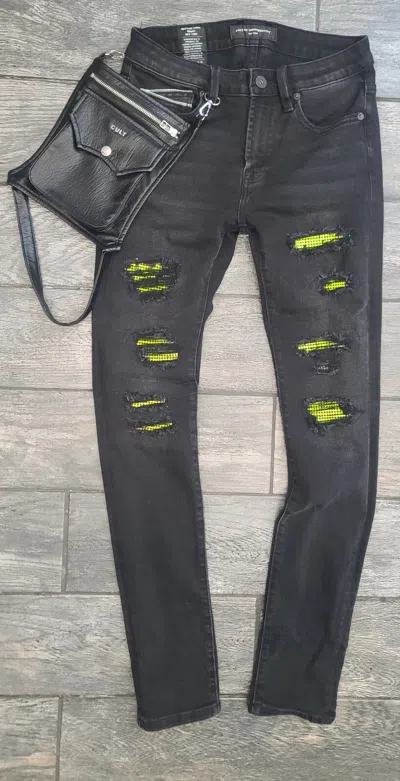 Pre-owned Cult Of Individuality Punk Moto Fit Stretch Jeans In Onyx Black W/ Neon Green