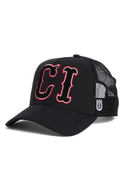 Cult Of Individuality Retro Rugby Patch Mesh Back Trucker Cap In Black