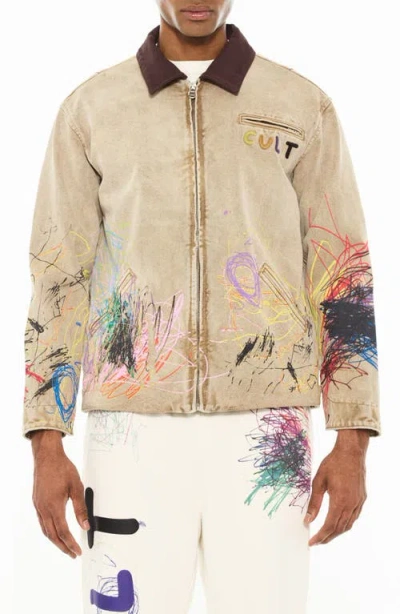 Cult Of Individuality Scribbled Graphic Cotton Canvas Jacket In Neutral