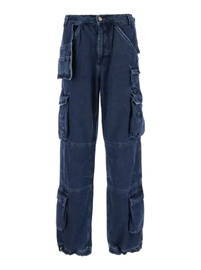 Cultura Blue Cargo Pants With Logo Patch In Denim Man