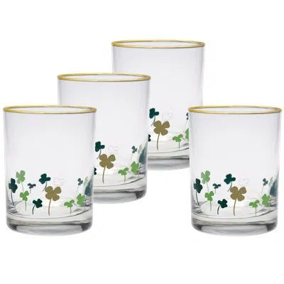 Culver 14-ounce 22k Gold Rim Dof Double Old Fashioned Glass (set Of 4) - Lucky Shamrock Clover In Green