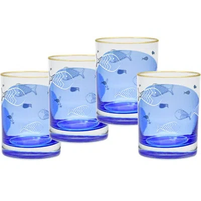 Culver 14-ounce 22k Gold Rim Dof Double Old Fashioned Glass Watercolor Fish (set Of 4) In Blue