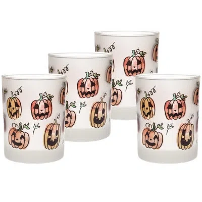 Culver 14-ounce Dof Double Old Fashioned Glass (set Of 4) - Halloween Pumpkin Faces In Orange
