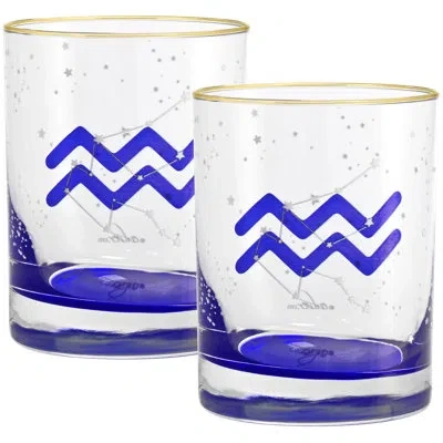 Culver Aquarius Zodiac 14-ounce 22k Gold Rim Dof Double Old Fashioned Glass (aquarius) In Blue