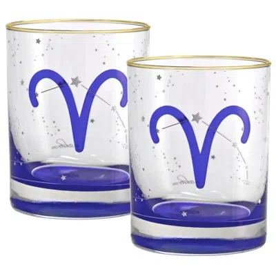 Culver Aries Zodiac 14-ounce 22k Gold Rim Dof Double Old Fashioned Glass (aries) In Blue