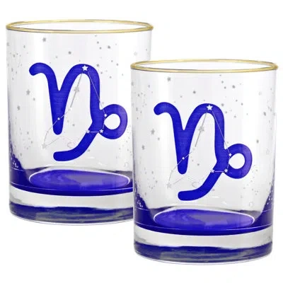 Culver Capricorn Zodiac 14-ounce 22k Gold Rim Dof Double Old Fashioned Glass (capricorn) In Blue