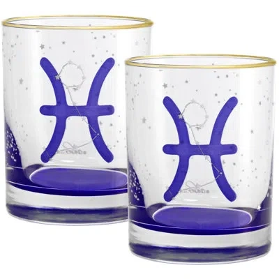 Culver Pisces Zodiac 14-ounce 22k Gold Rim Dof Double Old Fashioned Glass (pisces) In Blue