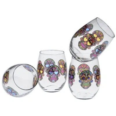 Culver Sugar Skulls 15 Oz. Stemless Wine Glass In Black