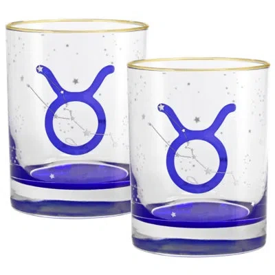 Culver Taurus Zodiac 14-ounce 22k Gold Rim Dof Double Old Fashioned Glass (taurus) In Blue