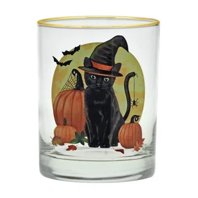 Culver Witch Cat Moon 22k Gold Rim 14 Oz. Whiskey Glass In Orange
