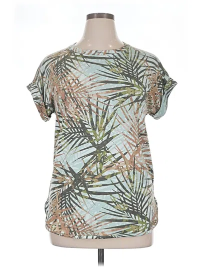 Pre-owned Cupio Short Sleeve Top Teal Tropical Pattern Cold Shoulder Neckline Tops