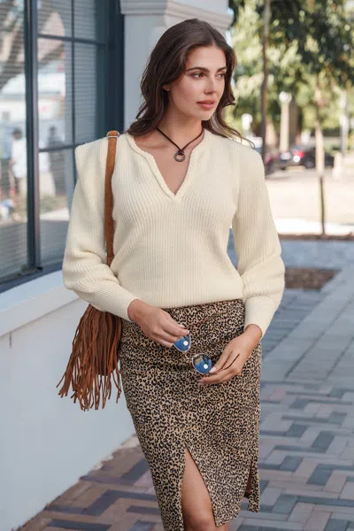 Cupshe Apricot Plunge Long Sleeve Knit Sweater In Neutral