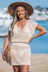 Cupshe Beige Crochet V-neck Short Sleeve Cover-up Mini Dress In Neutral