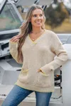 Cupshe Beige V-neck Long Sleeve Patch Pocket Sweater In Neutral