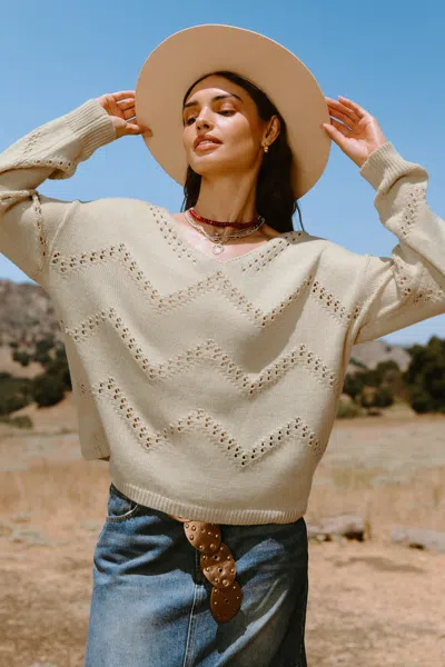 Cupshe Beige V-neck Long Sleeve Perforated Knit Top In White