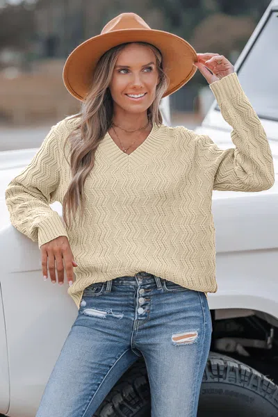 Cupshe Beige V-neck Long Sleeve Sweater Top In Neutral