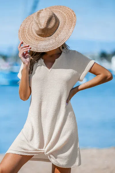 Cupshe Beige Waffle Knit Short Sleeve Hem Twist Mini Cover-up In White