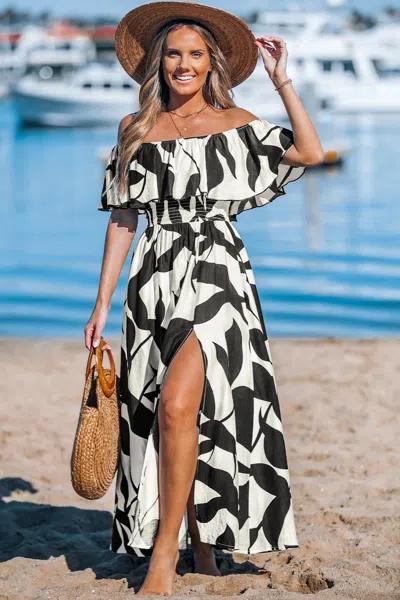 Cupshe Black & White Tropical Off-shoulder Maxi Dress In Multi