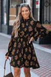 Cupshe Black Floral Mockneck Blouson Sleeve Mini Dress