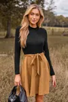 Cupshe Black Long Sleeve Top Khaki Skirt Mini Dress In Brown
