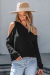 Cupshe Black Off-shoulder Cutout Long Sleeve Sweater In Black