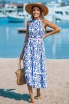 Cupshe Blue & White Ornate Halterneck Sleeveless Midi Dress In Blue