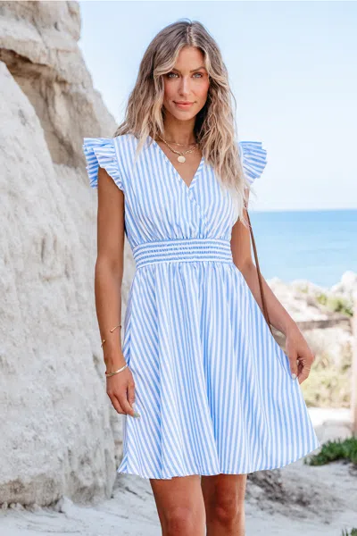 Cupshe Blue & White Stripe Flutter Sleeve Smocked Waist Midi Dress