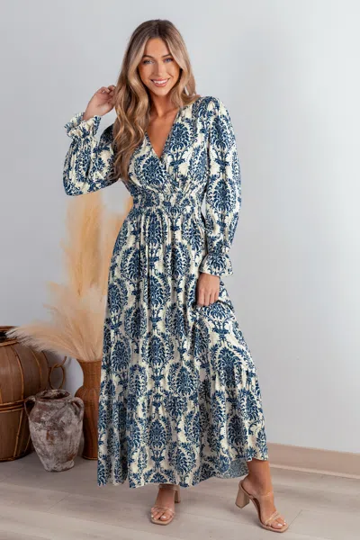 Cupshe Blue Damask Blouson Sleeve Ruffle Cuff Maxi Dress