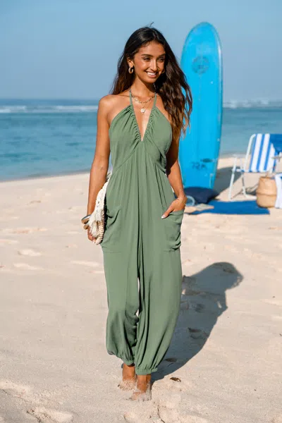 Cupshe Blush Plunging Halterneck Pocket Jumpsuit In Green